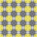 Seamless vector background of yellow squares, gray, white and black lines. Trendy geometric texture. Royalty Free Stock Photo